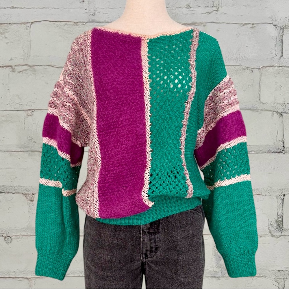 Vintage Striped Colour Block Boatneck Sweater - Teal and Pink